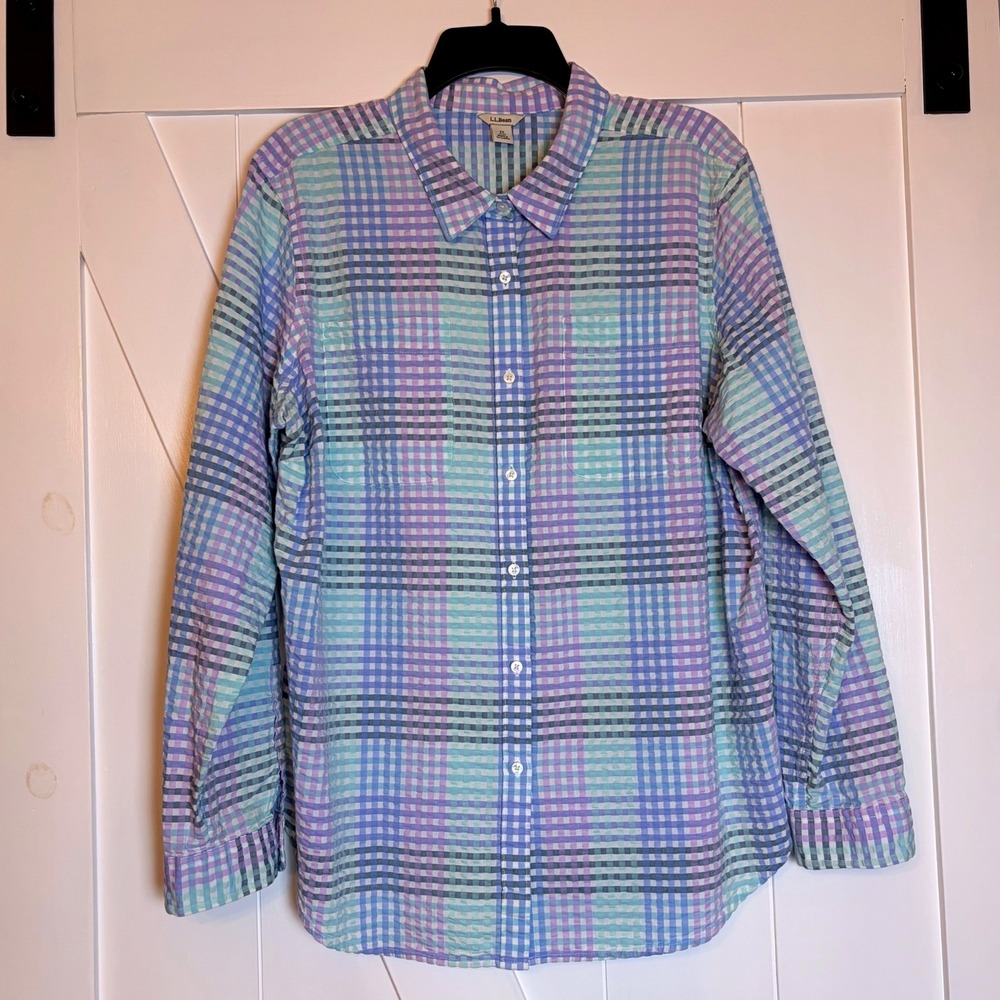 LL Bean Womens 1X Plus Seersucker Plaid Button Down Long Sleeve Shirt Pastel